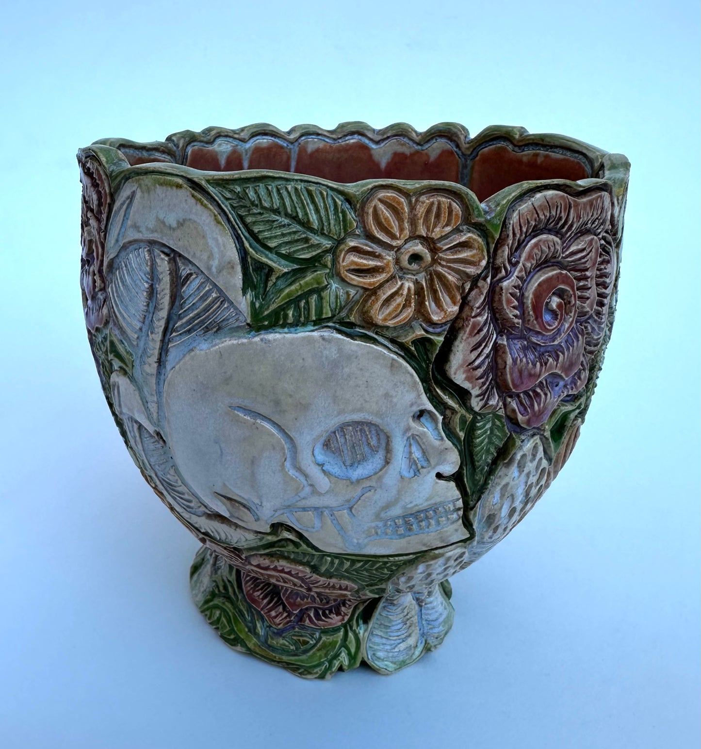 Bowl with skulls roses, daisies, and mushrooms