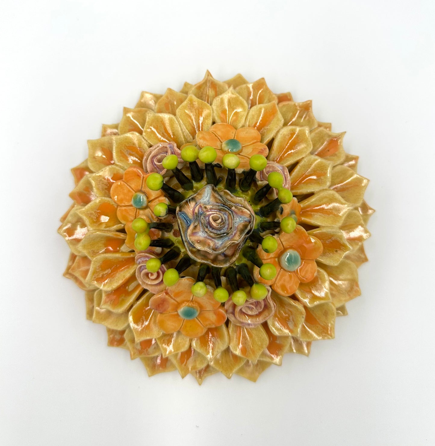 Orange and Yellow Zinnia wall hanging ceramic sculpture