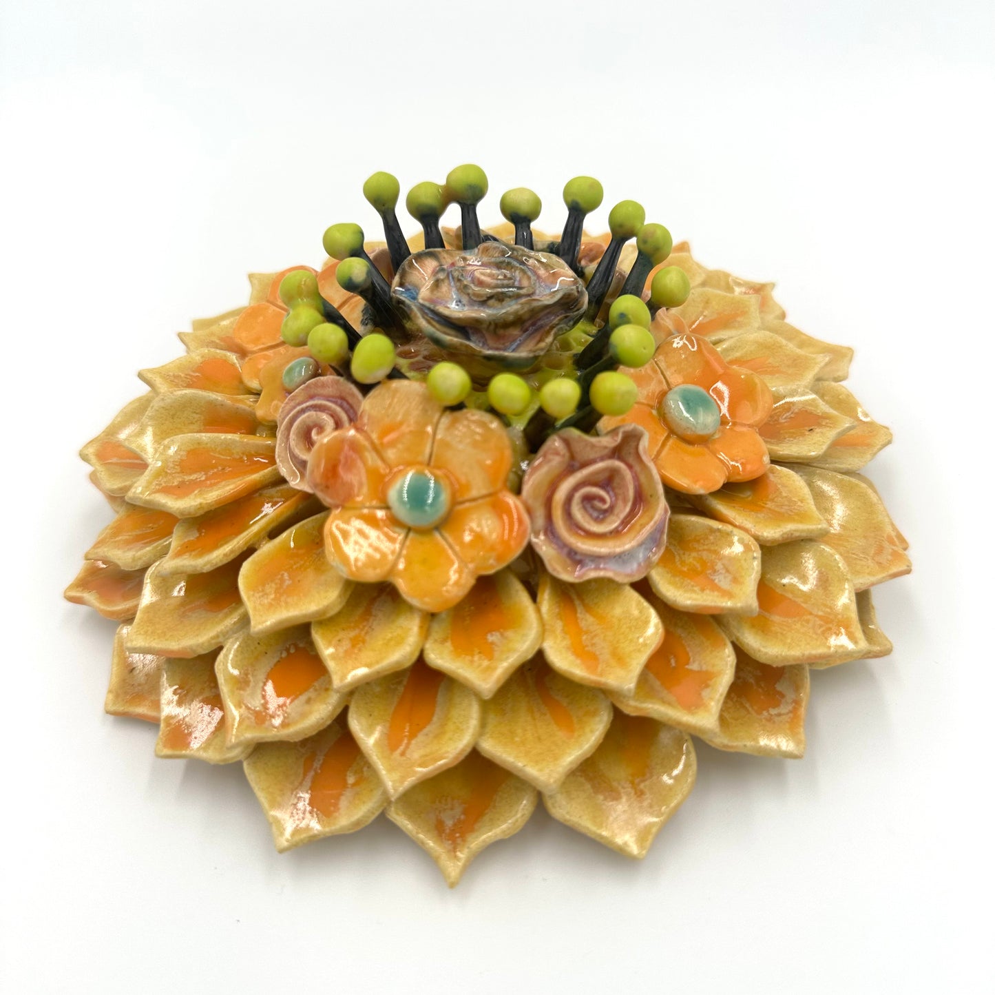Orange and Yellow Zinnia wall hanging ceramic sculpture