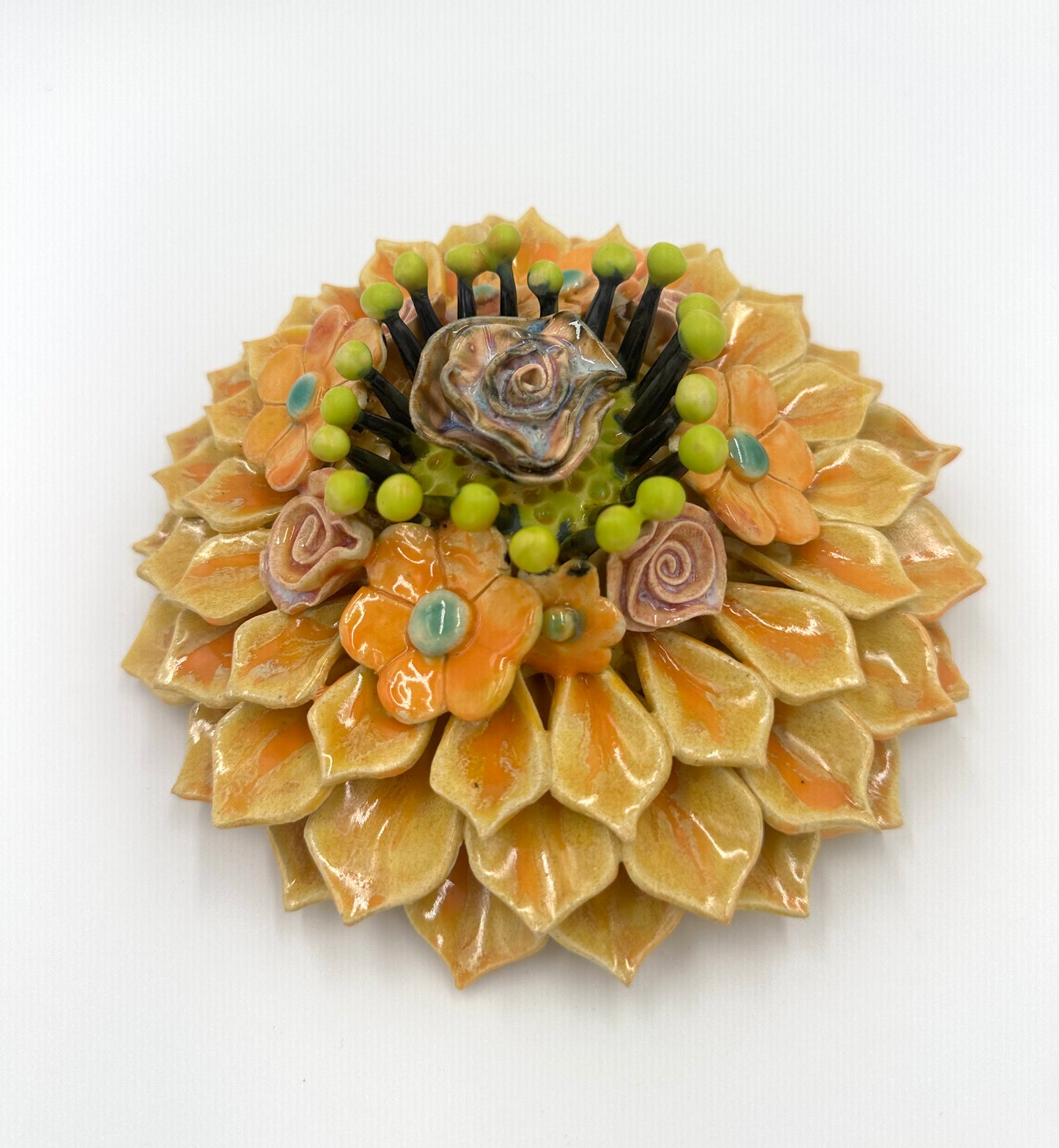 Orange and Yellow Zinnia wall hanging ceramic sculpture