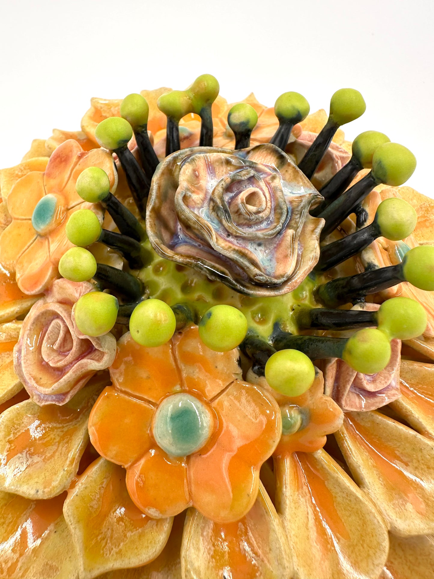 Orange and Yellow Zinnia wall hanging ceramic sculpture