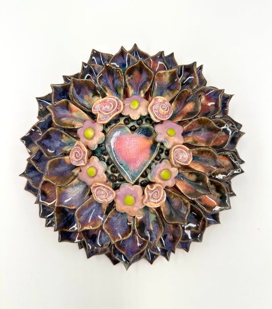 Purple and black heart zinnia wall hanging ceramic sculpture