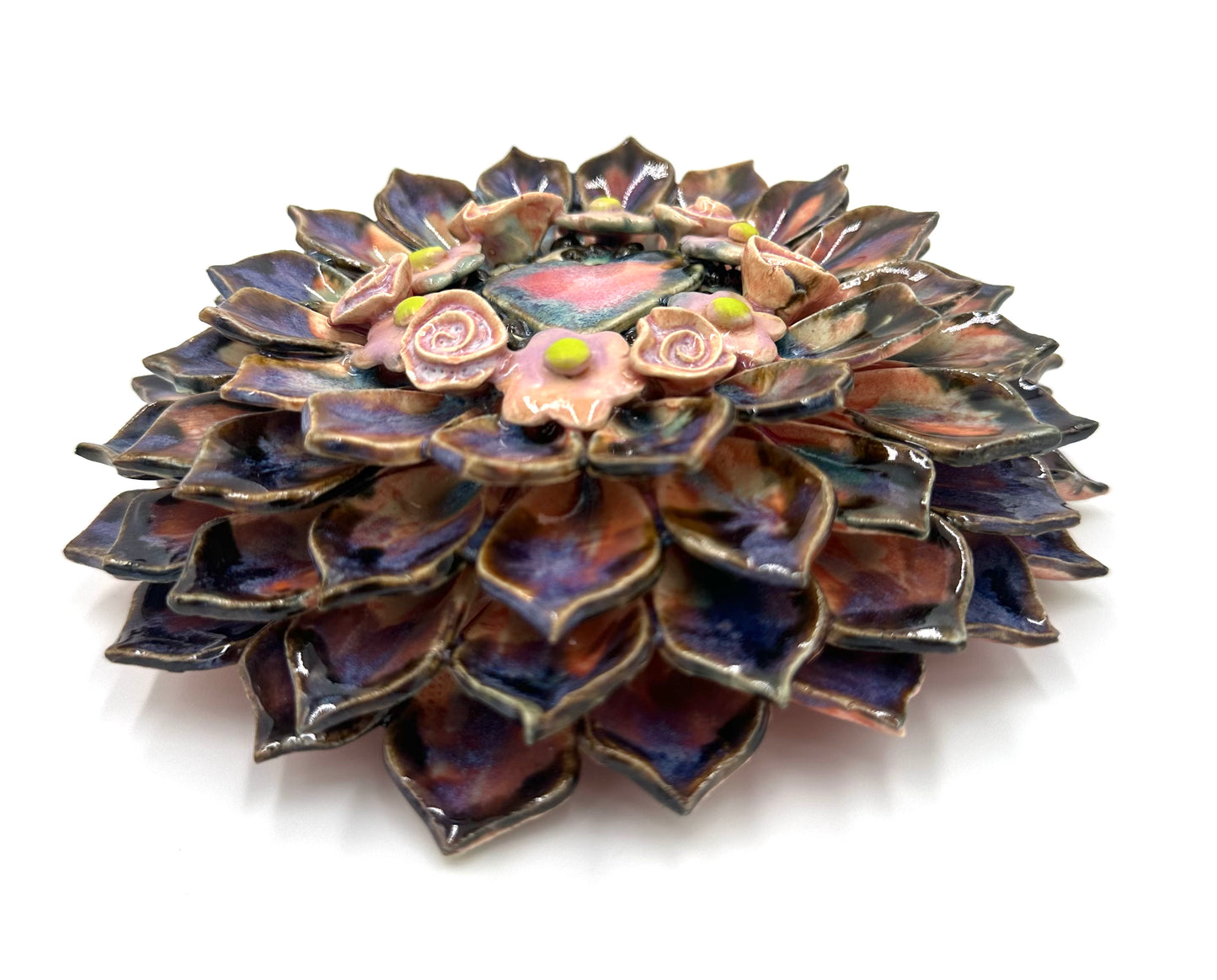 Purple and black heart zinnia wall hanging ceramic sculpture